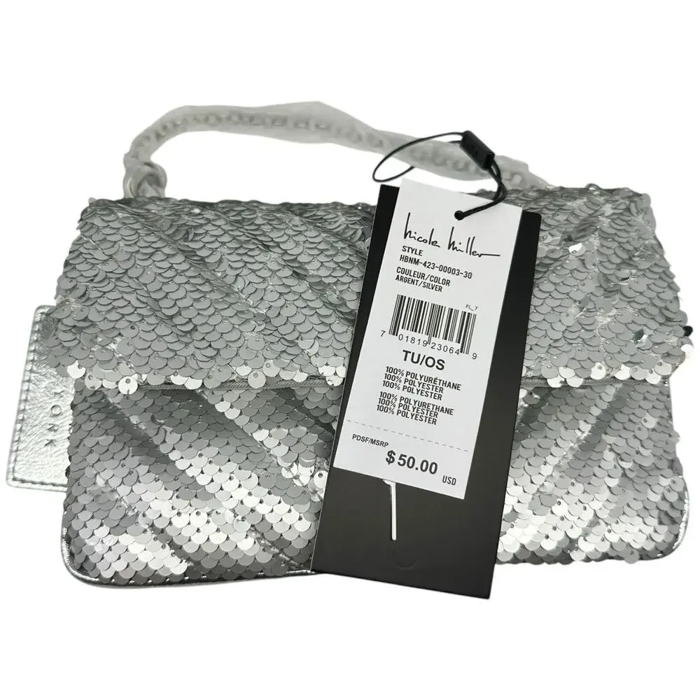 Nicole Miller Sequin Chevron Quilted Shoulder‎ Bag Chain Crossbody Purse Puffy